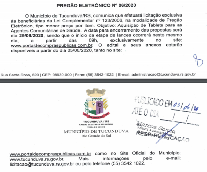 PREGÃO ELETRÔNICO N° 06/2020 - AQUISIÇÃO DE TABLETS PARA AS AGENTES COMUNITÁRIAS DE SAÚDE